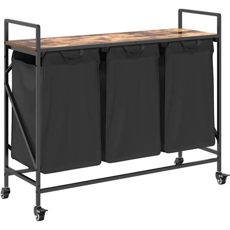 Panier à linge à trois compartiments avec roulettes, placage chêne fumé. (1/5)