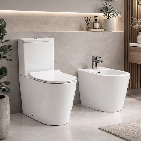 Set sanitari in ceramica bianco lucido filomuro monoblocco rimless con copriwc Kyoto (1/5)