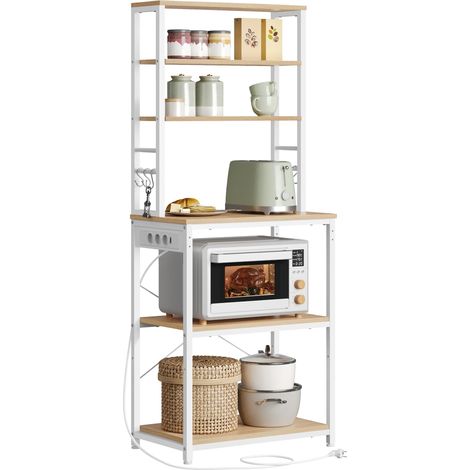 Étagère de Cuisine avec Multiprise, Étagère pour Machine à Café, 6 Étagères, 6 Crochets, pour Four à Micro-Ondes, Cadre en Acier, 40 x 60 x 167 cm, Chêne Doré et Blanc Nuage KKS124Y01 (1/5)