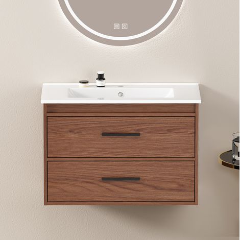 Meuble vasque 76x46x52 cm en MDF brun rouge, 2 tiroirs, gain de place – MEUBLIV (1/5)