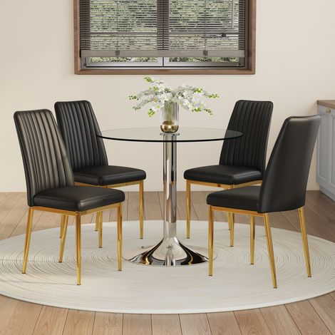 Table verre 85cm avec 4 chaises simili cuir haut de gamme noires,ensemble contemporain pour salon,salle à manger et cuisine.