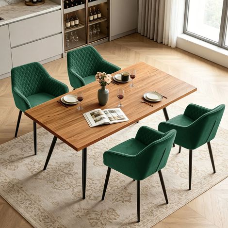 AINPECCA Dining Table and 4 Dining Chairs Set Dining Room Chair Kitchen Home OfficeOak Effect table+4 Green velvet chairs) (1/5)