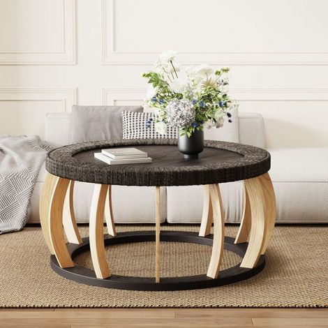 Table Basse rotin vintage bois massif forme ronde pieds courbés style bohème noir brun (1/5)