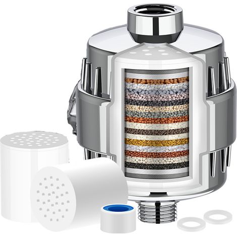Lot de 2 filtres de douche universels à 20 niveaux + 1 filtre - Purificateur d'eau dure - Élimine les métaux lourds et autres sédiments
