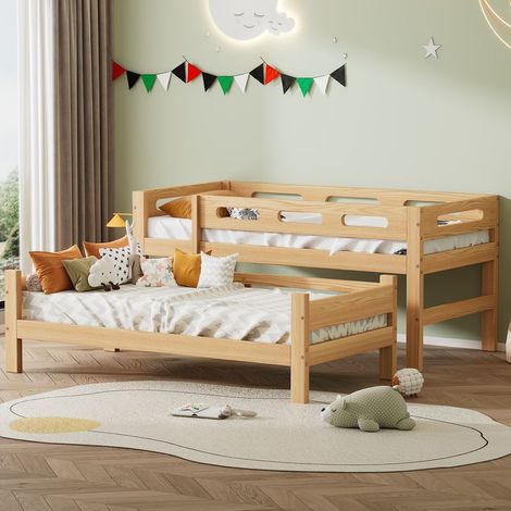 Lit superposé 90x200 cm pour enfants Cadre en pin massif Montage facile Se divise en 2 lits simples Couleur naturelle (1/5)