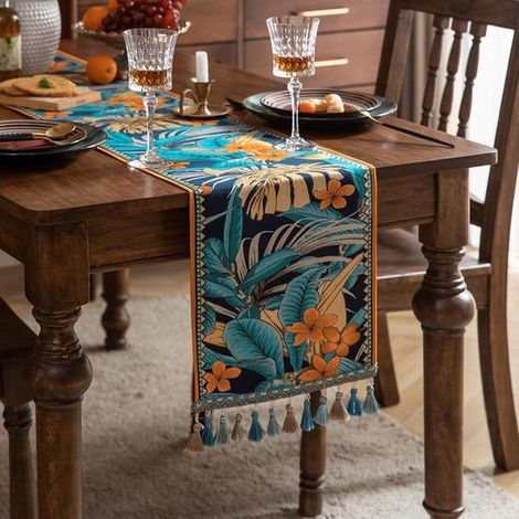Caminos de mesa de 182 cm de largo con borlas，bordados de selva tropical，decoración bohemia para el hogar (1/5)