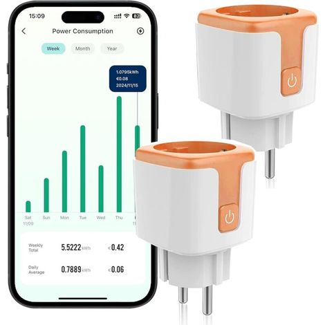 Prise Wi-Fi 16 A avec mesure de courant, prise intelligente, prise WiFi, compteur des coûts énergétiques, commande vocale, minuterie, programmateur (2 pièce) (1/5)
