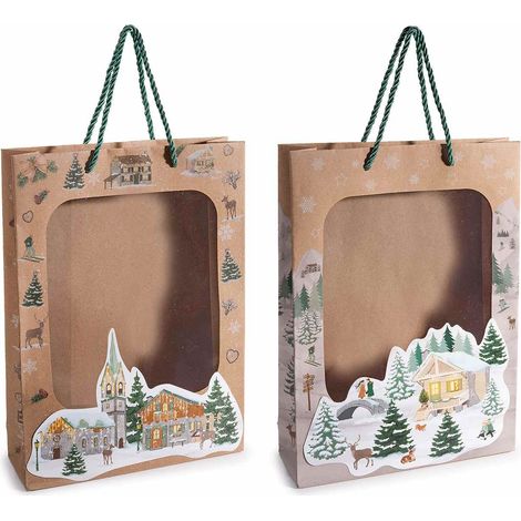 Grands sachets cadeaux de Noël en papier kraft avec fenêtre transparente, lot de 20, 24 x 8 x H. 33 cm