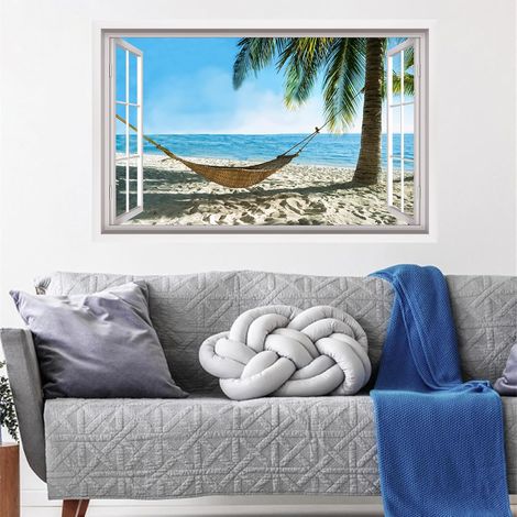 3D Stickers Muraux Vue Sur la Mer Palmiers Sticker Mural 3D Autocollants Muraux pour Salon Salle de Bain Chambre à Coucher Décoration Autocollant Mural de D'été Sticker Mural 3D Motif Plage (1/5)