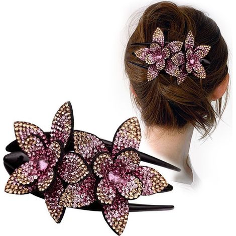 Pince cheveux bec de canard strassé, barrette fleur double scintillante pour femmes filles, violet champagne. (1/5)