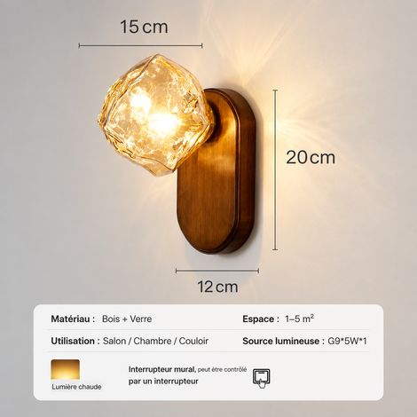 Applique murale LED effet pierre de lave abat-jour verre bois chambre couloir ambre sans interrupteur 1 kg – Livraison gratuite