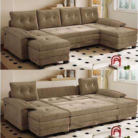 Sofá cama modular en U 278 x 127 x 87 cm de chenilla caqui con USB - CHICFURN (1/5)