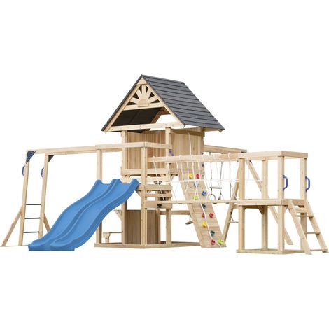 Axi Hunter Aire De Jeux En Bois, 2 Balançoires, Toboggan Double, Bleu  Maisonnette Xxl / Equipement De Jeux Pour Enfants Avec Structure D'Escalade, Pont Suspendu Et Trapèze  Pour Le Jardin