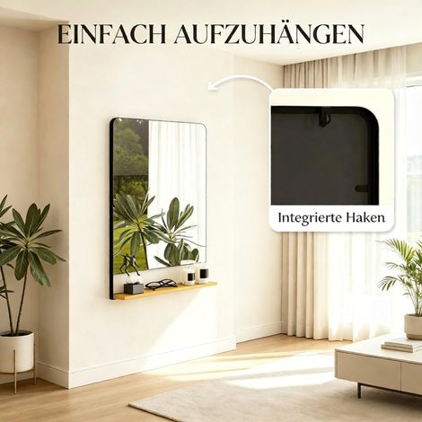 Miroir mural rectangulaire 80x60 cm, design moderne avec cadre métal et accents bois, idéal pour salon, salle de bain et entrée (miroir seul). (1/5)