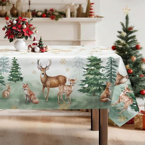 Weihnachts-Tischdecke 140x180 cm Rechteckig Waschbar Grüner Wald mit Tieren