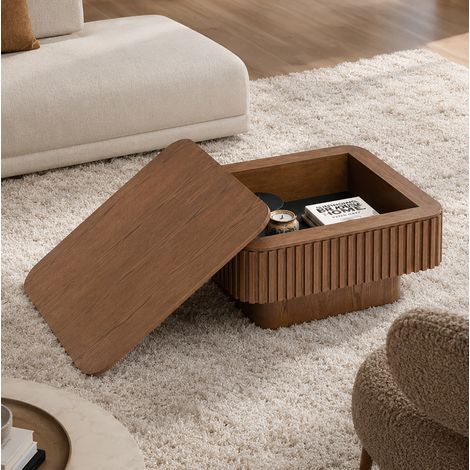 Mesa de centro cuadrada 75x75x35 cm de madera y MDF nogal con almacenaje (1/5)