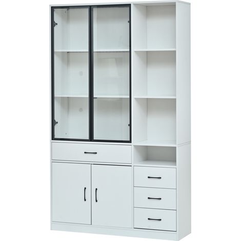 Hohe Vitrine Weiß 120 x 35 x 200 cm mit LED, 4 Schubladen und 13 Fächern (1/5)