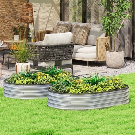 Lot de 2 bacs potagers surélevés en acier galvanisé 135 x 90 x 30 cm, forme ovale modulable, bord sécurisé
