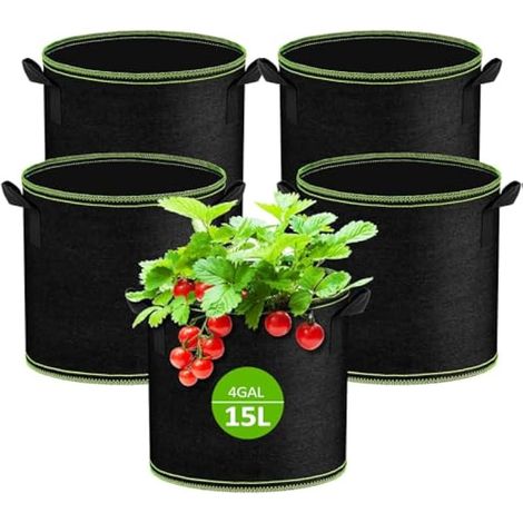 Lot de 5 Sacs de Plantation Non Tissé 15L, Sac de Plantation Terre en Tissu avec Poignée, Sacs de Culture de Plantes Réutilisable pour Tomates, Carottes, Fraises, Légumes, Fleurs (1/4)