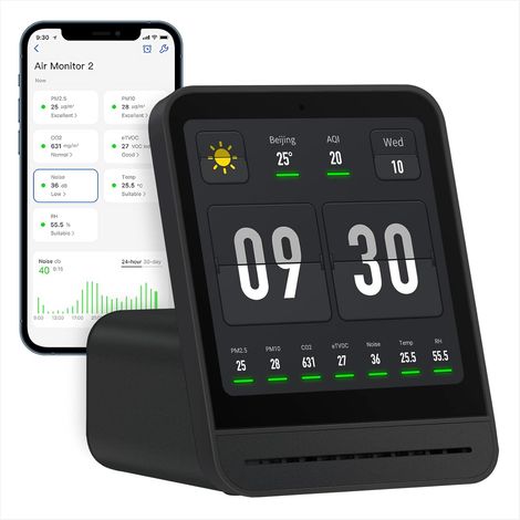 Moniteur de Qualité de l'Air 2, Détecteur de Qualité de l'Air Intérieur, PM2.5, CO2, PM10, Bruit, Température, Humidité, Fonction Réveil, Testeur de Qualité de l'Air Intelligente (1/5)