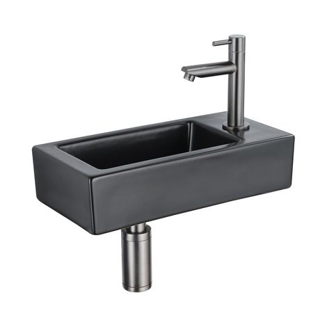 FugaFlow Efficiente Pietra Ensemble de fontaine - 37,5x18,5x9cm - céramique - trou de robinet à droite - robinet de fontaine gunmetal - bouchon de (1/5)