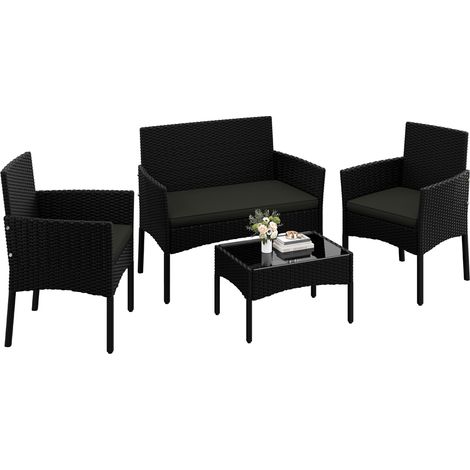 Yaheetech Set di Mobili per Esterni 4 Pezzi in Rattan PE con Divano 2 Poltrone e 1 Tavolo in Vetro Set di Conservazione per Balcone Giardino Nero/Grigio (1/5)