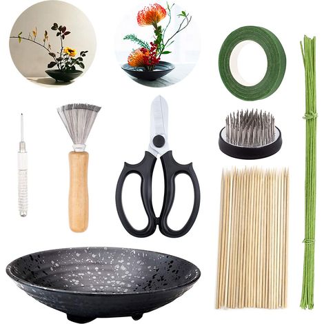 Kit d'arrangement Floral, Lot de 51, Supports de Fleurs Ronds, Pot de Fleurs en céramique, Aiguille de Nettoyage Kenzan, râteau, tiges Florales et Ruban adhésif Floral pour Arrangement Floral (1/5)