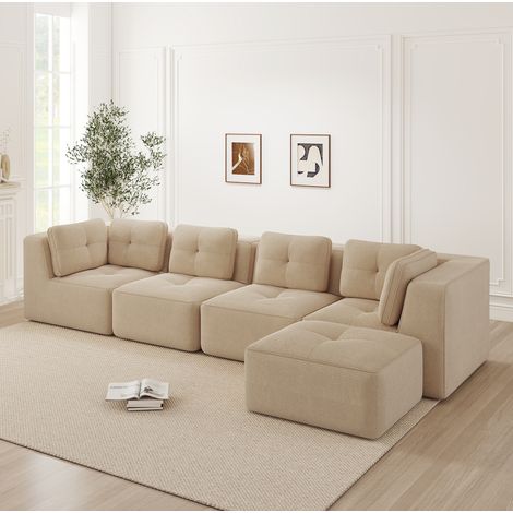 REDOM - Canapé d'angle modulaire 4 places, assise profonde, mousse haute densité, accoudoirs larges, corduroy beige (1/5)