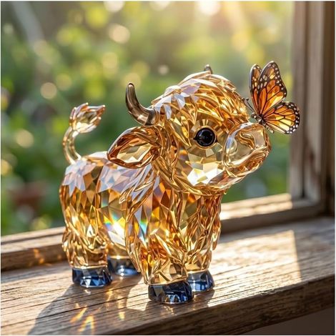 Sculpture de vache des Highlands en cristal, statue de vache en cristal avec papillon, figurine d'animal mignon de collection pour la maison, le bureau (1/5)