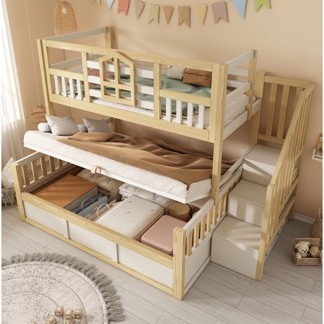 Cama litera estilo casita de madera blanco y roble 90+140x200 cm con ventanas, escalera almacenaje y arcón hidráulico (1/5)