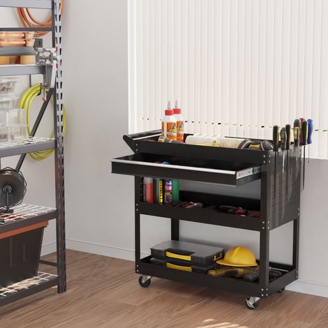 Carrello da officina a 3 ripiani con cassetto, portautensili laterale e maniglia, 82x35x76 cm, nero