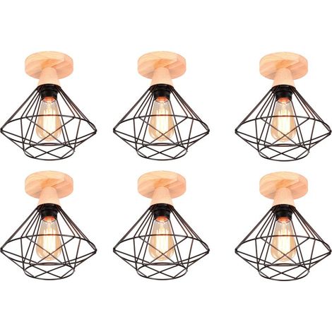 6x Plafonnier Industriel en Métal et Bois Design Rétro Luminaire pour Escalier Couloir Entrée Noir (1/5)