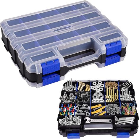Boîte de rangement double face, 34 compartiments, avec séparateurs amovibles, vis, boîte de rangement, organisateur pour vis, clous et petites pièces, bleu (1/5)