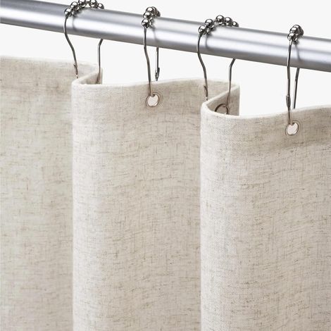 Rideau de douche en lin texturé de style rustique, bohème, avec doublure en tissu crème pour salle de bain (183 x 198 cm) (1/5)