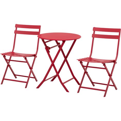 Outsunny Salon de jardin bistro pliable - table ronde Ø 60 cm avec 2 chaises pliantes - métal thermolaqué rouge (1/5)