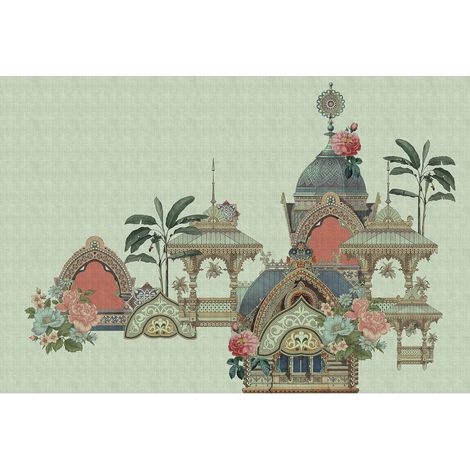Papier peint panoramique oriental Tapisserie panoramique zen abstrait à motif monuments indiens Papier peint panoramique vert lichen idéal salon (1/2)