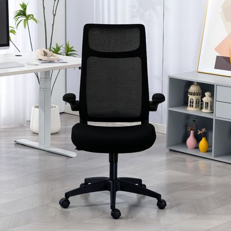 Chaise bureau, fauteuil de bureau, accoudoirs relevables 3D, hauteur réglable, dossier en maille, 64x65x108-118cm, noir
