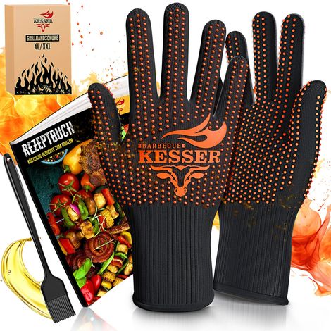 KESSER® Grillhandschuhe hitzebeständig bis 500°  Ofenhandschuhe Atmungsaktiv & mit rutschfestem Griff  Topfhandschuhe aus Aramid-Gewebe  Schwarz / Orange / XL-XXL