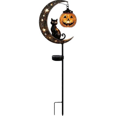 Lampe solaire Halloween extérieur jardin à piquet chat noir lune métal lanterne citrouille chemin LED B+1 (1/5)