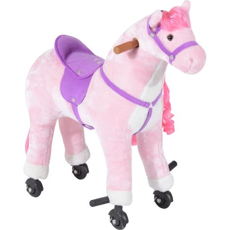 Cheval à bascule enfant dès 2 ans, roues incluses, effets sonores réalistes, repose-pieds, dimensions 65x28x75 cm, coloris rose (1/5)