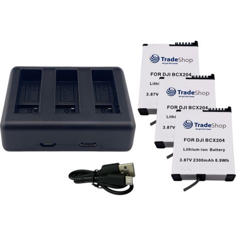 Trade-Shop 4in1 Set: 3x Akku 2300mAh + USB-C LCD Dreifach-Ladegerät kompatibel mit DJI Osmo Action 3 / 4 / 5, BCX202, BCX204 / Action-Kamera Zubehör (1/5)
