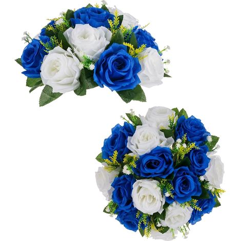 Lot de 2 Boules de fleurs, Roses artificielles, Bleu Roi et Blanc, Décoration mariage, Centre de table