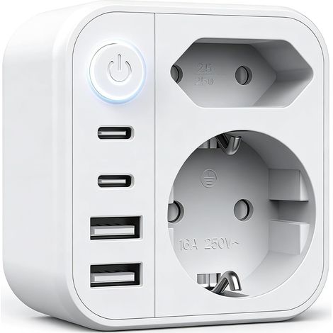 USB-Steckdosenleiste, Wandsteckdosenleiste, 6-in-1-Mehrfachsteckdose, Steckdosenleiste mit 2 USB-A- und 2 USB-C-Anschlüssen, Wandsteckdose mit Schalter, Doppelsteckdose für Zuhause, Büro und Reisen, B