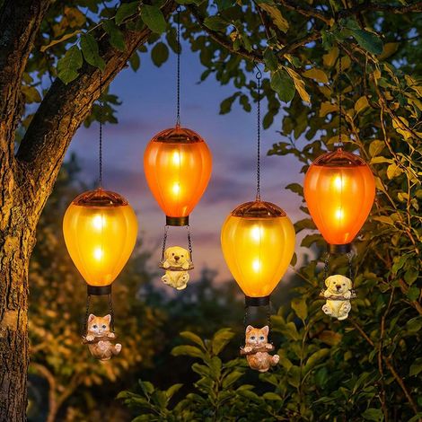 Solarleuchte LED Hängelampe Gartenleuchte Heißluftballon Hund Katze mehrfarbig, Metall Kunststoff, LED warmweiß, LxBxH 12x12x49 cm, 4er Set