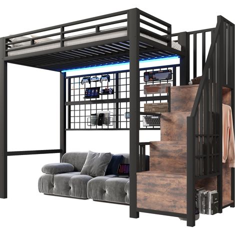 Lit mezzanine 90 x 200 cm avec armoire, escalier de rangement, grille de suspension et LED 7 couleurs, noir, sans matelas CHICFURN (1/5)