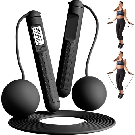 Corde à sauter sportive, corde à sauter sans fil avec compteur, poignée antidérapante, corde à sauter à vitesse réglable pour hommes et femmes (noire) (1/5)