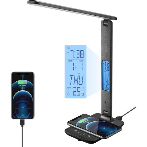 Lampe de bureau LED avec chargeur sans fil, port de chargement USB, lampe de table avec horloge, alarme et date. (1/3)