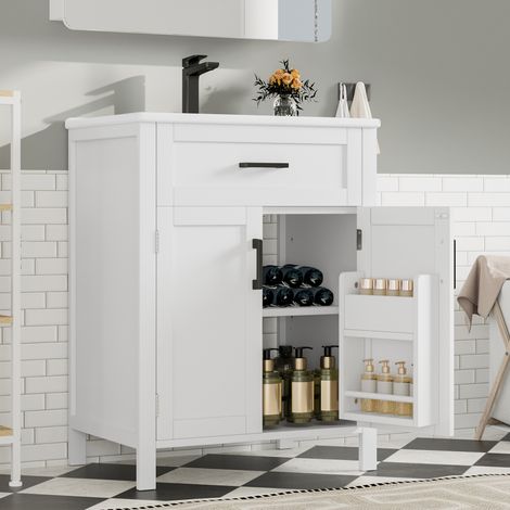 Badezimmerschrank mit Waschbecken (60x46x84 cm), freistehend, mit Doppeltüren, Schublade, verstellbarem Regal, MDF, Weiß (1/5)