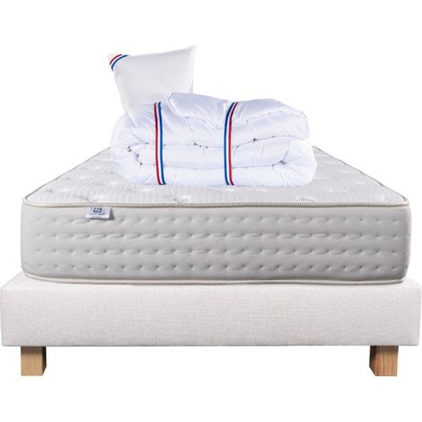 Ensemble Matelas Purlux, 26 cm, mousses haute densité, ferme, face été/hiver + sommier beige ep20cm + oreiller + couette, 90x190cm (1/5)
