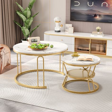 2er Set Couchtische Rund 70 cm, Satztische in Marmoroptik mit Gold-Gestell, Wohnzimmertisch / Beistelltisch für Wohnzimmer & Esszimmer - Gold (1/5)